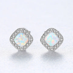 Aetolia 925 Sterling Silver Opal Earrings Halo CZ Diamond Square Opal Stud Earrings SE0238