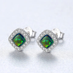 Aetolia 925 Sterling Silver Opal Earrings Halo CZ Diamond Square Opal Stud Earrings SE0238