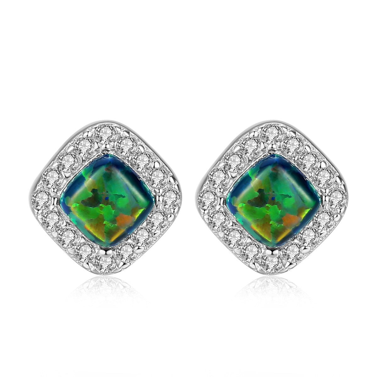 Aetolia 925 Sterling Silver Opal Earrings Halo CZ Diamond Square Opal Stud Earrings SE0238