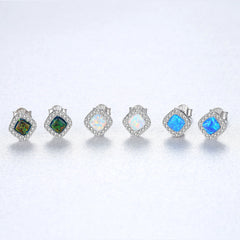 Aetolia 925 Sterling Silver Opal Earrings Halo CZ Diamond Square Opal Stud Earrings SE0238