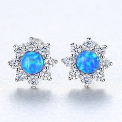 Aetolia 925 Sterling Silver Opal Earrings Elegant Flower CZ Diamond Opal Stud Earrings SE0236