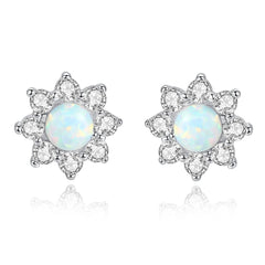 Aetolia 925 Sterling Silver Opal Earrings Elegant Flower CZ Diamond Opal Stud Earrings SE0236