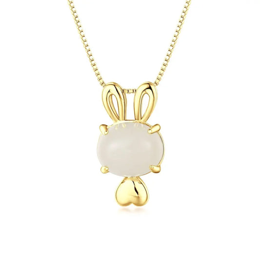 Aetolia Wholesale Luxury 18K Gold Plated Jewelry S925 Sterling Silver Bunny Rabbit Pendant Necklace Real Hotan Jade Necklaces For Women