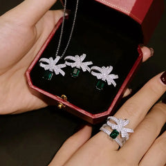 Aetolia Classic Design Jewelry Sets Good Quality Emerald Diamond Ring S925 Silver Earrings Bow Necklaces Green Cz Cubic Zirconia Rings