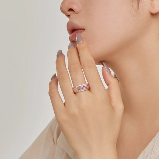 Aetolia New Arrival Special Design Diamond Baguette Pink Ring 925 Silver Chunky Rainbow Cubic Zircon Women Rings Band For Female