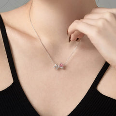 Aetolia Exquisite Fine Bow Tie Charm Necklace 925 Sterling Silver Pink Cubic Zirconia Heart Pendant Necklace Jewelry Set For Women