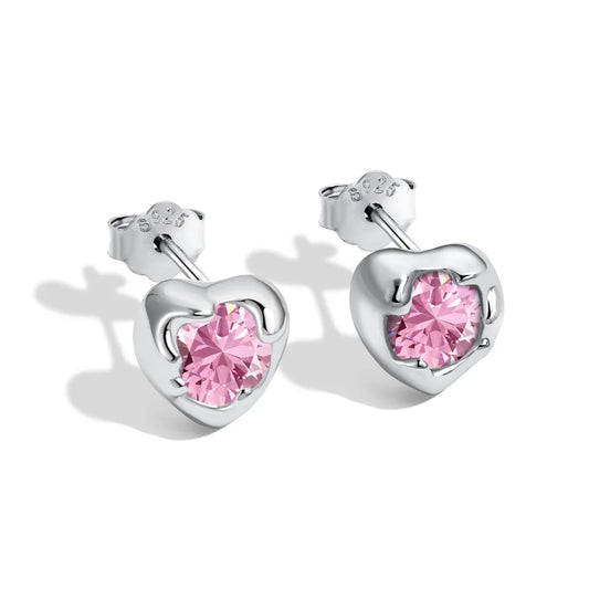 Aetolia New Design Hypoallergenic 925 Sterling Silver Rhodium Plated Irregular Heart Shape Pink Zirconia Stud Earrings for women