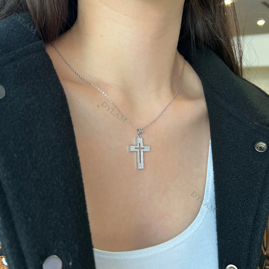 Aetolia Hollow Crucifix Jesus Cross AAAAA CZ Pendant Women 18k Rose Gold Jewelry 925 Sterling Silver Cross Necklace