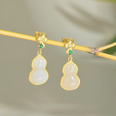 Aetolia New Design 22K Gold Hetian Jade Green Zircon Luxury Personality Stud Earring Gourd Shape S925 Silver Earrings For Women