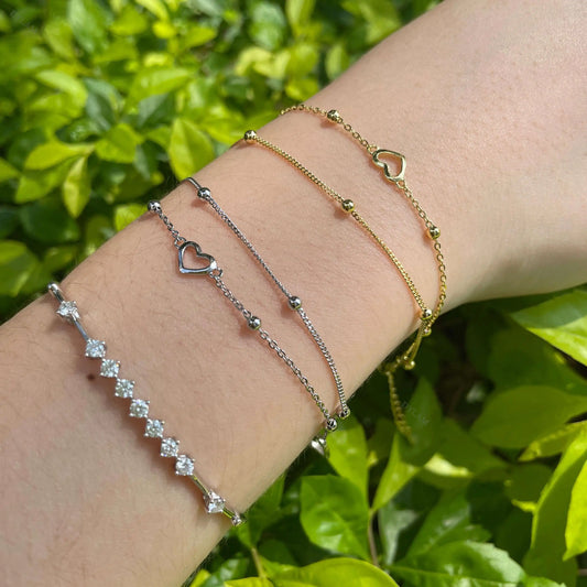 Aetolia minimalist hollow heart double layers stackable extension chain 18K gold bead link chain 925 sterling silver bracelet