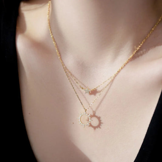 Aetolia Manufacturer Jewelry S925 Sterling Silver 18k Gold Plated Star Sun Pendant Dainty double layer Silver Necklaces