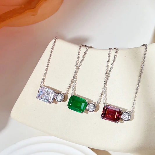 Aetolia Trendy Dainty 925 Sterling Silver Chains Necklace Square Shape Cubic Zirconia Womens Necklaces Colorful Emerald Charm Pendant