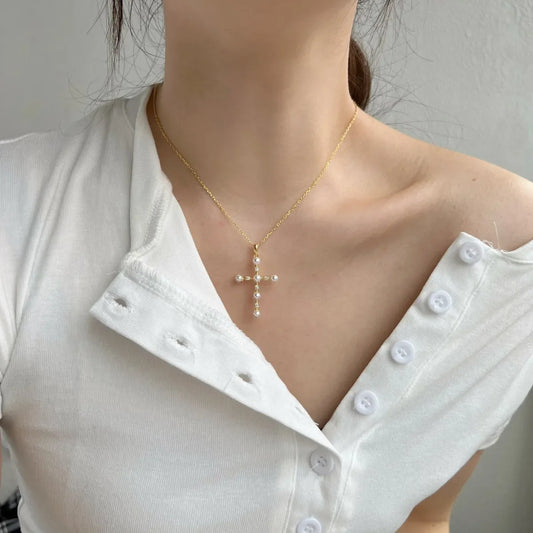 Aetolia Hot Selling 18K Gold Plated Jewelry Cross Pendant Necklace Bling Iced Out Round Cz Pearl Pendant Necklaces For Women