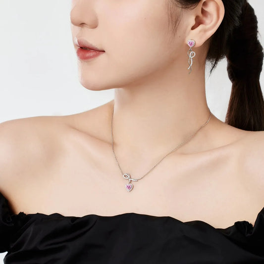 Aetolia Luxury Exquisite Bow-Tied Love S925 Sterling Silver Necklace Pendant Chain Cubic Zircon Pink Heart Necklaces For Women