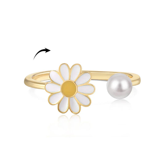 Aetolia Rotatable Spinning Flower Ring Pearl 18K Gold Plated Adjustable S925 Silver Enamel Daisy Fidget Anxiety Rings For Women