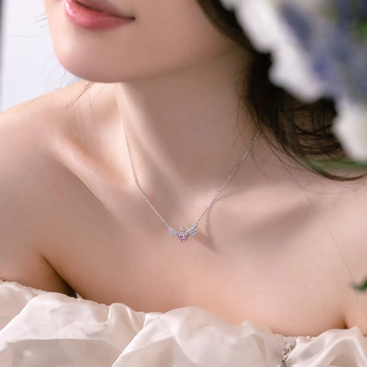 Aetolia Luxury Cute Pure S925 Silver Cz Zirconia Necklace 18K Gold Plated Pink Heart Angle Wings Pendant Necklaces For Women