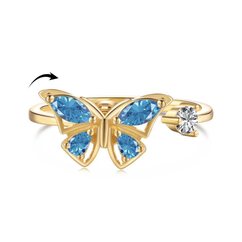 Aetolia New Rotatable Blue Cubic Zircon Anxiety Butterfly Ring Open Adjustable 925 Sterling Silver Butterfly Rings Jewelry Women