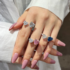 Aetolia Wholesale New Fashionable Cz Jewelry S925 Silver Pink Blue Ring Love Double Hearts Adjustable Open Rings Resizable For Women