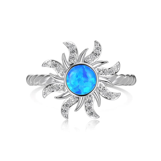 Aetolia Wholesale Finger Jewelry 925 Sterling Silver Blue Opal Ring Cubic Zirconia Stone 18K Gold Plated Sun Shape Ring For Women