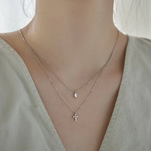 Aetolia Cross Charm Cubic Zirconia Necklace Double Deck Chain Jewelry 18K Gold Plated 925 Sterling Silver Layer Necklaces For Women