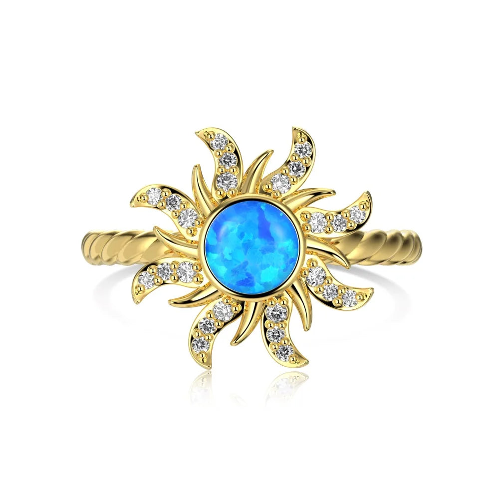 Aetolia Wholesale Finger Jewelry 925 Sterling Silver Blue Opal Ring Cubic Zirconia Stone 18K Gold Plated Sun Shape Ring For Women