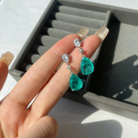 Aetolia 925 Sterling Silver Studs Earring Synthetic Stone Green Paraiba Tourmaline Stud Drop Earrings Wedding Engagement Fine Jewelry