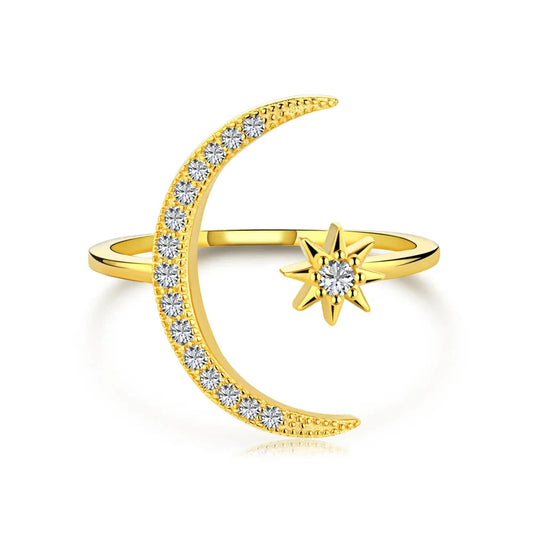 Aetolia Fashion Design 925 Sterling Silver Jewelry Gold Plated Moon Star Rings Open Adjustable Fine Rings