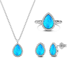 Aetolia Silver Blue Opal Ring Waterdrop Charm Pendant Necklaces Women Original Minimalist Joyas De Plata Stud Earring Jewelry Set