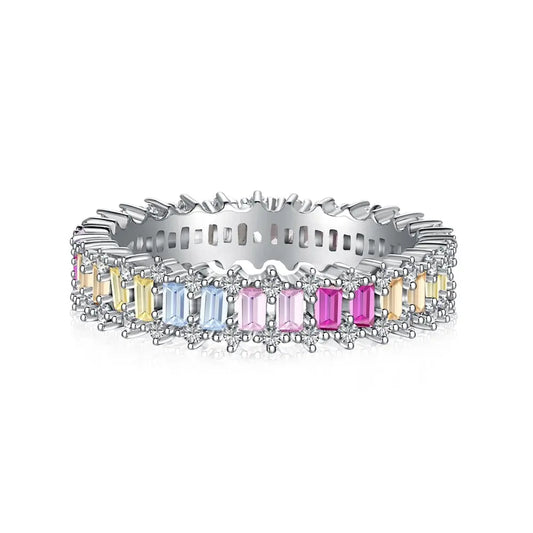 Aetolia Exquisite 925 Sterling Silver Ring Eternity Band Rainbow Colorful Pink Diamond Wedding Cubic Zirconia Rings Jewelry Wome