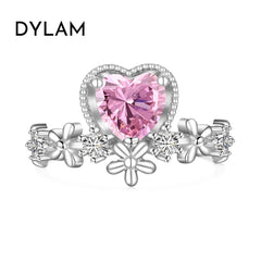 Aetolia Exquisite S925 Silver Crown Flower Heart Ring Temperament Sweet Versatile Love Pink Cz Cubic Zirconia Rings Jewelry Women