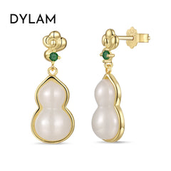 Aetolia New Design 22K Gold Hetian Jade Green Zircon Luxury Personality Stud Earring Gourd Shape S925 Silver Earrings For Women