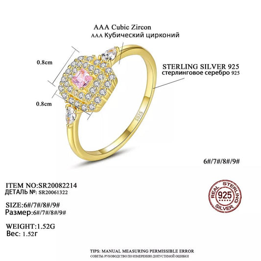 Aetolia 925 Sterling Silver 18K Gold Plated Pink CZ Diamond Halo Square Ring SR20082214