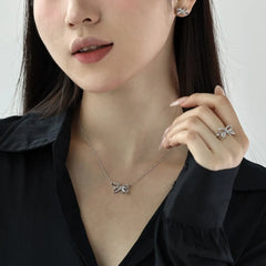 Aetolia New Arrival Delicate S925 Necklace Pendant Chains Bow-Knot Clavicle Stud Earring Cz Zirconia Rings For Women Jewelry Set