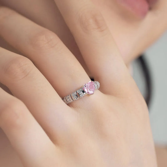 Aetolia Light Luxury S925 Silver Crushed Ice Out Ring Band Daily Sweet Beauty Pink Cubic Zirconia Love Heart Rings Jewelry Women