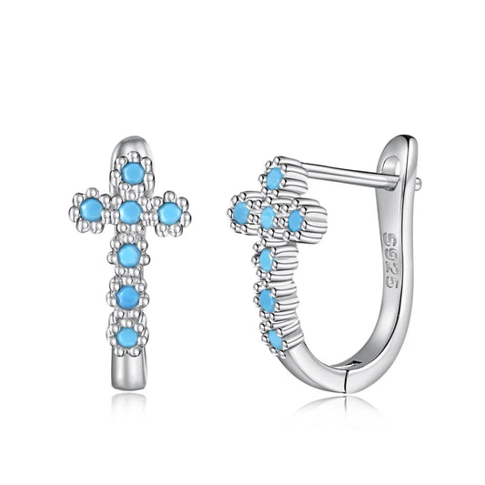 Aetolia 925 Sterling Silver Cz Earring Turquoise Cross Ear Fine Jewelry U-Shaped Stud Hoop Earrings Jewelry Women Wedding Gift