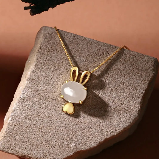 Aetolia Wholesale Luxury 18K Gold Plated Jewelry S925 Sterling Silver Bunny Rabbit Pendant Necklace Real Hotan Jade Necklaces For Women