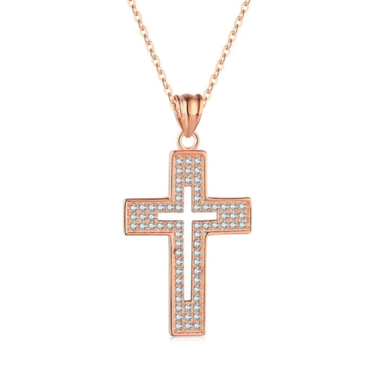 Aetolia Hollow Crucifix Jesus Cross AAAAA CZ Pendant Women 18k Rose Gold Jewelry 925 Sterling Silver Cross Necklace