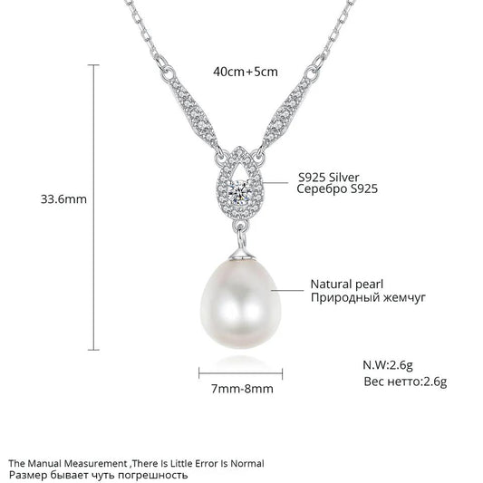 Aetolia 925 Sterling Silver Natural Freshwater Pearl Necklace Pear Shaped Solitaire CZ Diamond Pendant Necklace FN-0275