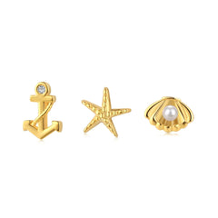 Aetolia New Arrival Cz Silver 18K Gold Plated Earrings Sets S925 Sterling Silver Small Simple Ocean Series Shell Starfish For Girl