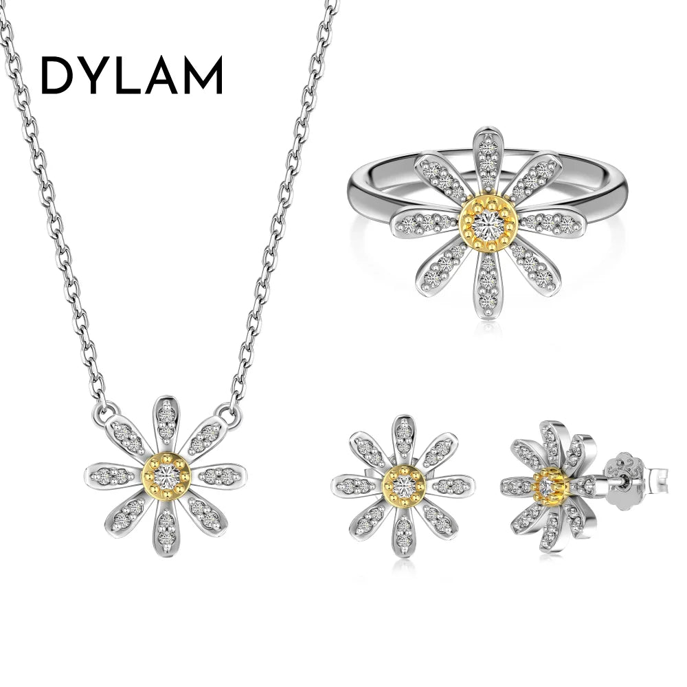 Aetolia New Arrivals 925 Sterling Silver Stud Earring Cute Daisy Flower Pendant Necklaces Cubic Zirconia Rings Jewelry Women Set