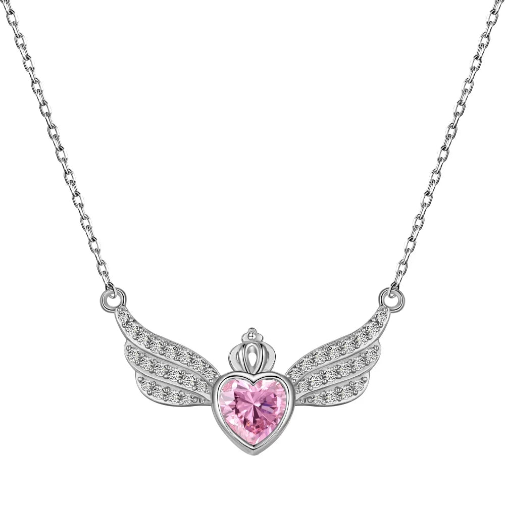 Aetolia Luxury Cute Pure S925 Silver Cz Zirconia Necklace 18K Gold Plated Pink Heart Angle Wings Pendant Necklaces For Women