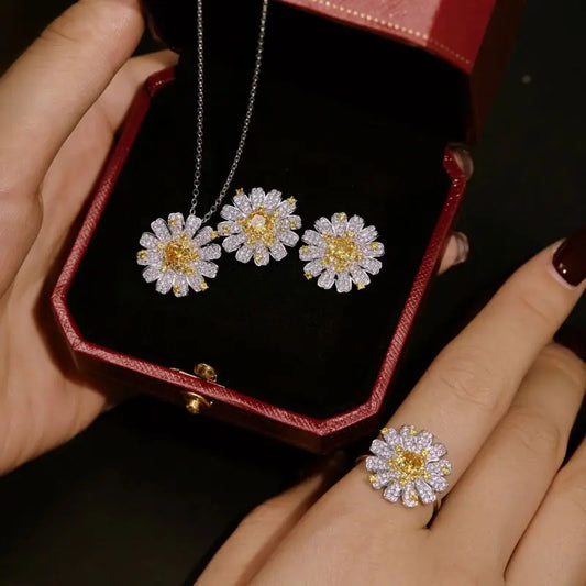 Aetolia Customization S925 Sterling Silver Daisy Rings Diamond 8A Cubic Zircon Flower Design Earrings Necklaces Jewelry Set Party Gifts