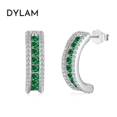 Aetolia S925 Sterling Silver Round Half Hoop Jewelry Female C-Shaped Earring Cz Cubic Zirconia Green Emerald Stud Earrings Women