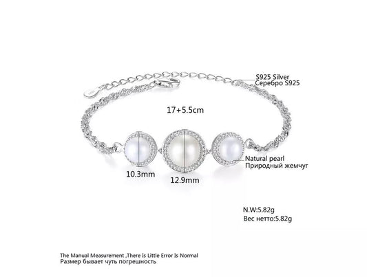 Aetolia 925 Sterling Silver Natural Freshwater Pearl Bracelet 3 Pearls Halo CZ Diamond Chain Bracelet FB0003