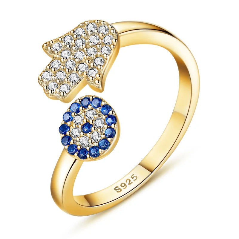 Aetolia Dainty Blue Eye Ring Rose Rhodium Gold Plated 925 Sterling Silver Cz Micro Pave Hamsa Hand Adjustable Rings For Women