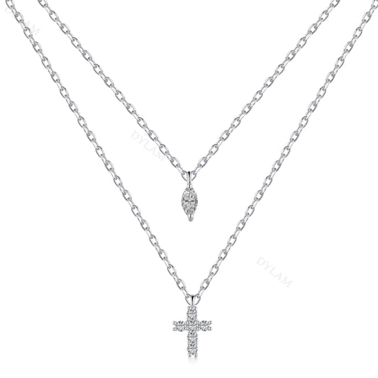 Aetolia Cross Charm Cubic Zirconia Necklace Double Deck Chain Jewelry 18K Gold Plated 925 Sterling Silver Layer Necklaces For Women