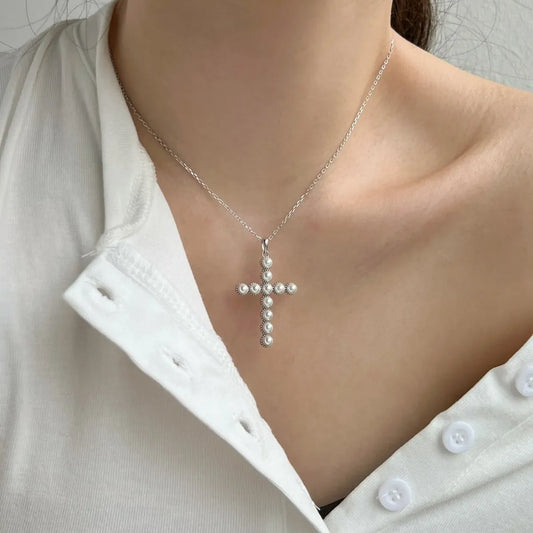 Aetolia Factory Price Shell Pearl Cross Shape Pendant Necklace Cz Zircon Jewelry S925 Silver 18K Gold Plated Necklaces For Women