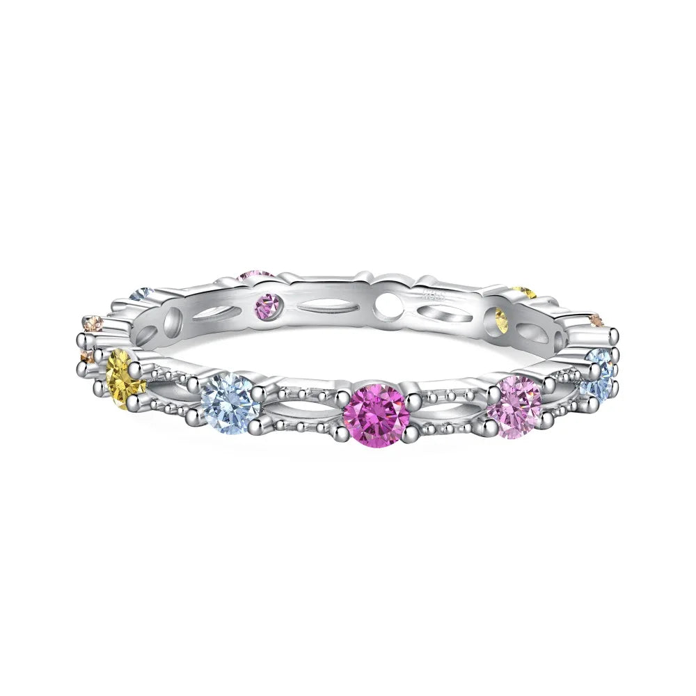 Aetolia Elegant S925 Sterling Silver Eternity Ring Band Rainbow Colorful Pink Diamond Cubic Zirconia Wedding Rings Jewelry Women