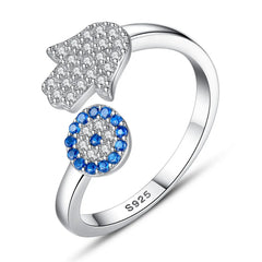 Aetolia Dainty Blue Eye Ring Rose Rhodium Gold Plated 925 Sterling Silver Cz Micro Pave Hamsa Hand Adjustable Rings For Women