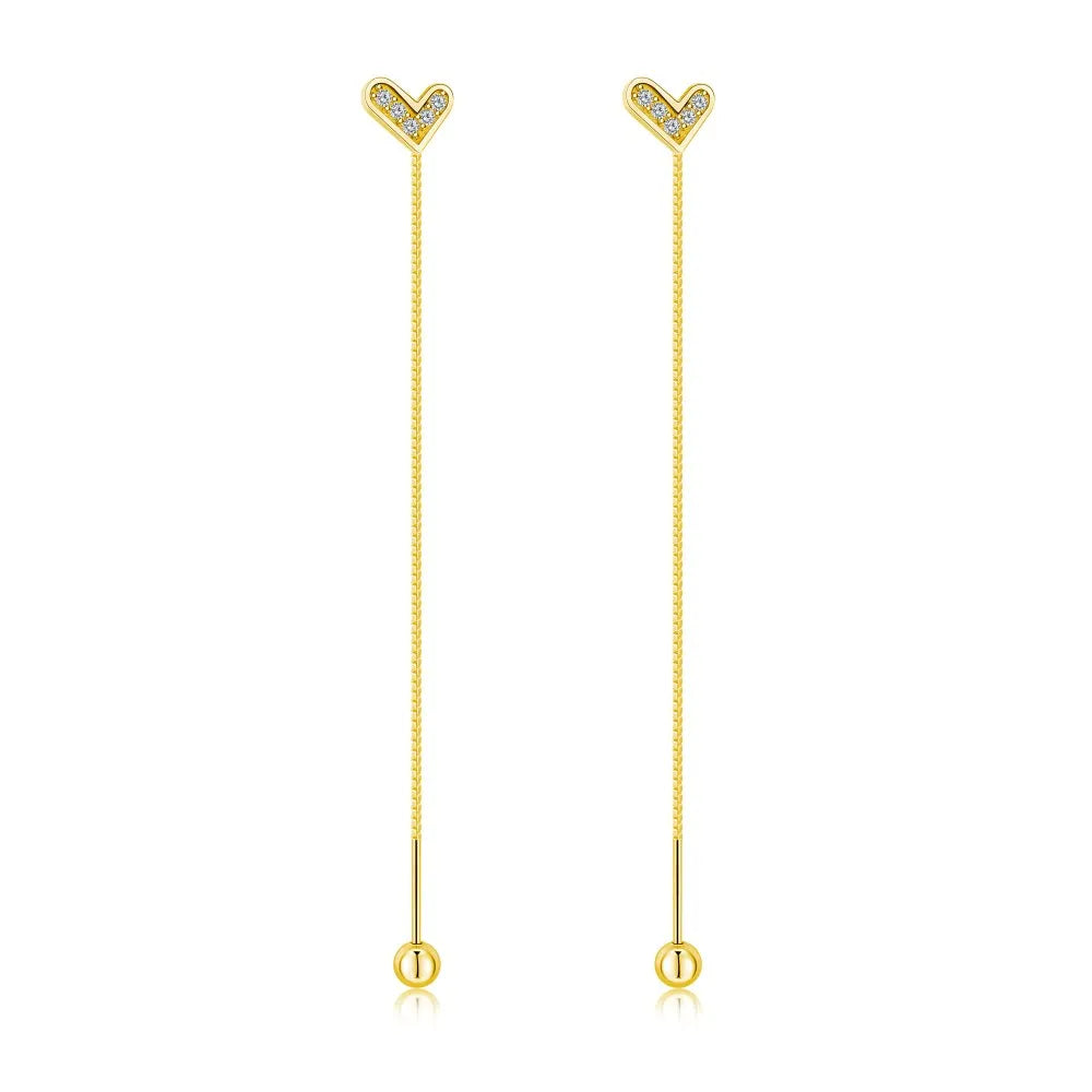 Aetolia trendy 65mm long tassel mini style love heart shape earring 18K gold color S925 jewelry sterling silver screw earrings